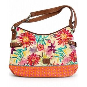 Plum Floral Shoulder Bag Purse Canvas Brown Trim Zip Top Colorful Boho Tote